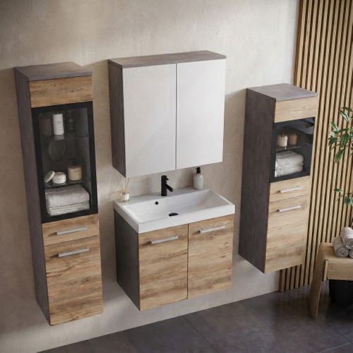 Meuble De Salle De Bain Mirano 60 X 35 Cm   Gris Foncé Avec Chêne Châtaigne   Meuble Avec Miroir