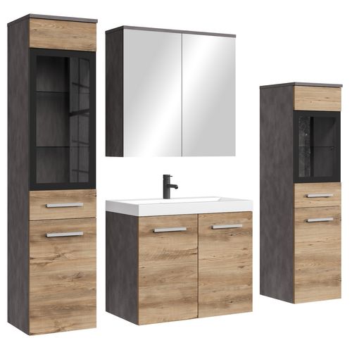 Meuble De Salle De Bain Mirano 60 X 35 Cm   Gris Foncé Avec Chêne Châtaigne   Meuble Avec Miroir