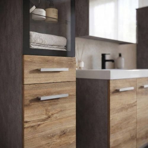 Meuble De Salle De Bain Mirano 60 X 35 Cm   Gris Foncé Avec Chêne Châtaigne   Meuble Avec Miroir