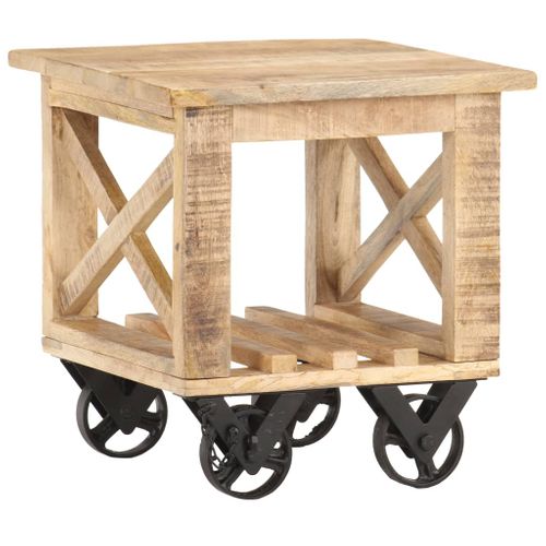 Table D'appoint Avec Roues 40x40x42 Cm Bois De Manguier Brut