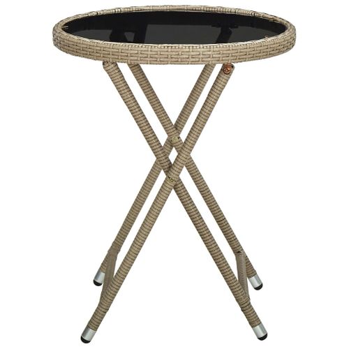 Table à Thé Beige 60 Cm Résine Tressée Et Verre Trempé