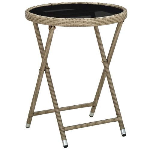 Table à Thé Beige 60 Cm Résine Tressée Et Verre Trempé