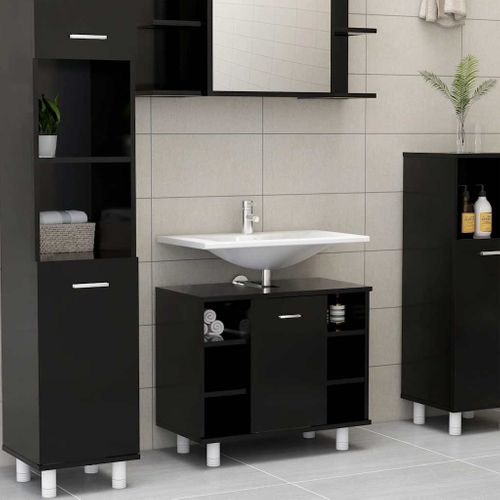 Armoire De Salle De Bain 1 Porte 7 Compartiments Bois Contreplaqué Noir Organisateur