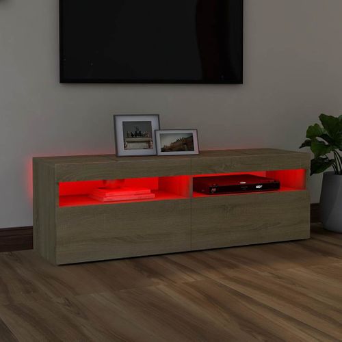 Meuble TV 120x35x40 Cm Chêne Sonoma Bois Contreplaqué Éclairage LED Rvb USB Design Moderne