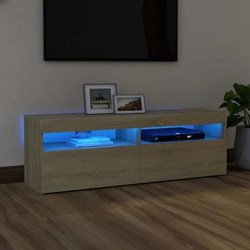 Meuble TV 120x35x40 Cm Chêne Sonoma Bois Contreplaqué Éclairage LED Rvb USB Design Moderne