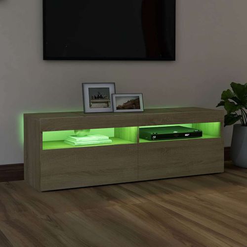 Meuble TV 120x35x40 Cm Chêne Sonoma Bois Contreplaqué Éclairage LED Rvb USB Design Moderne
