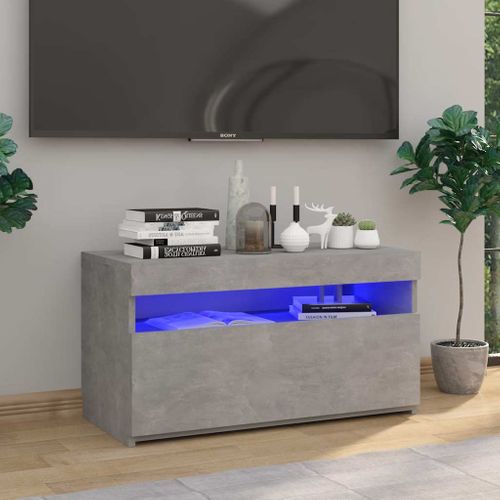 Meuble TV 75x35x40 Cm, Gris Béton, Bois Contreplaqué, Éclairage LED Rvb, USB, Design Moderne