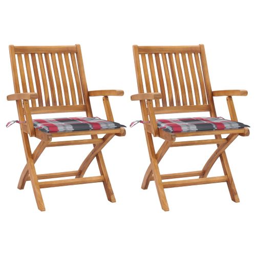 Chaises De Jardin Lot De 2 Avec Coussins à Carreaux Rouge Teck