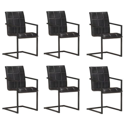 Chaises De Salle À Manger Cantilever 6 PCs Noir Cuir Véritable