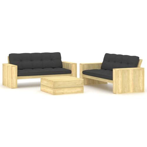 Salon De Jardin 3 PCs Avec Coussins Bois De Pin Imprégné