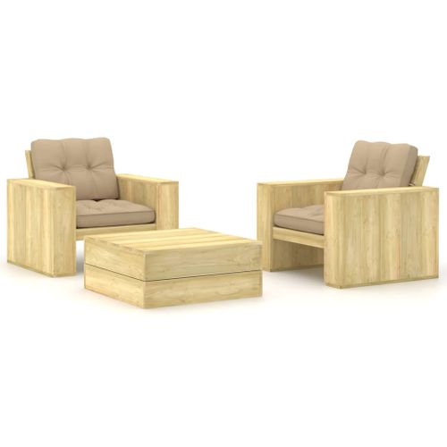Salon De Jardin 3 PCs Avec Coussins Bois De Pin Imprégné