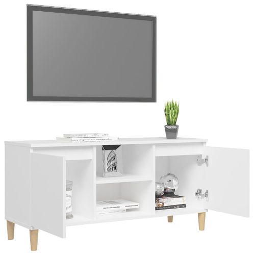 Meuble TV 103,5 X 35 X 50 Cm, Pieds En Bois Massif Blanc, 2 Étagères, Buffet Scandinave