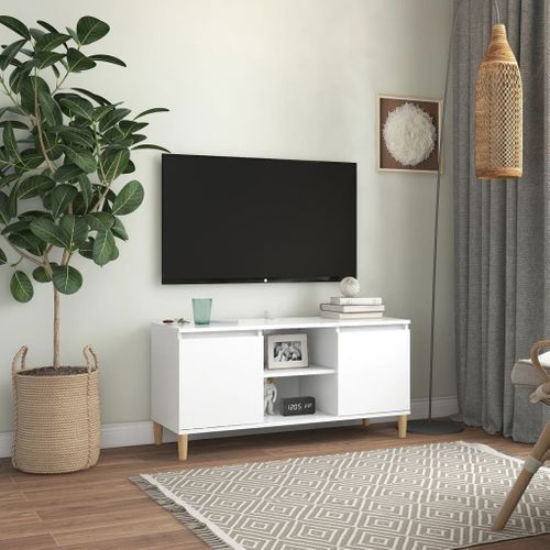 Meuble TV 103,5 X 35 X 50 Cm, Pieds En Bois Massif Blanc, 2 Étagères, Buffet Scandinave