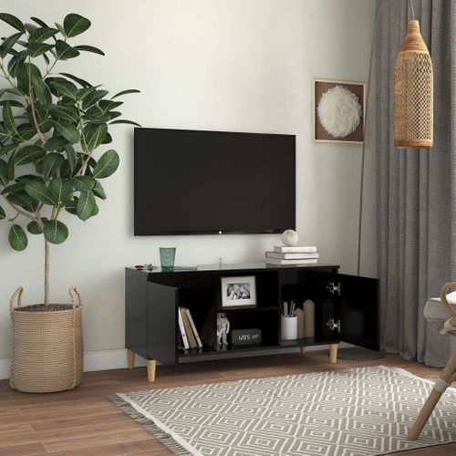 Meuble TV Avec Pieds En Bois Massif Noir 103,5x35x50 Cm