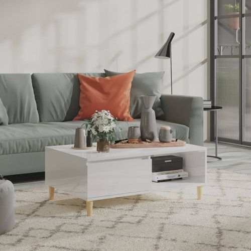 Table Basse Blanc Brillant 90x60x35 Cm Bois Contreplaqué