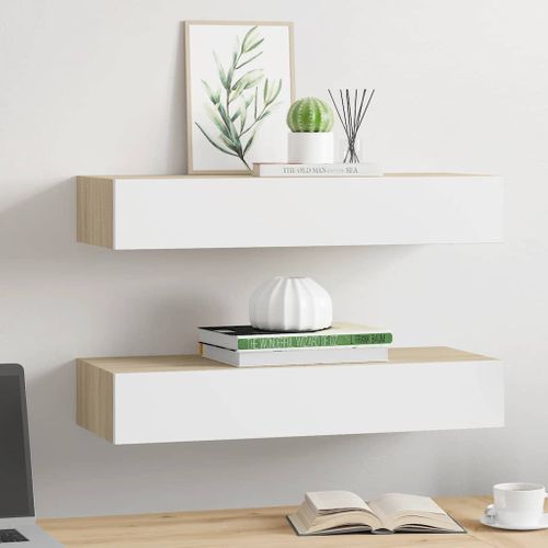 Étagères Murales à Tiroirs 2 Pièces Chêne Et Blanc 60 X 23,5 X 10 Cm Mdf