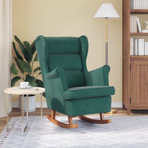 Fauteuil à Bascule à Oreilles En Velours Vert Foncé Bois Massif
