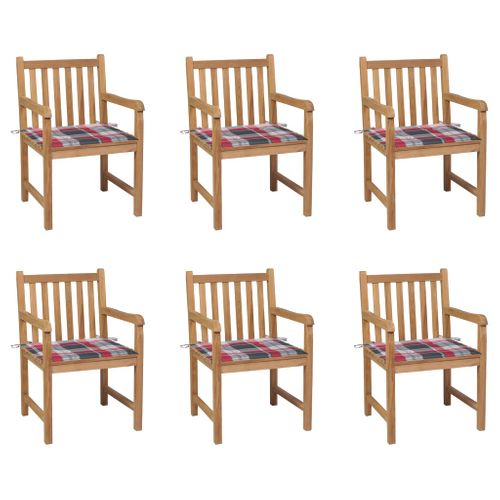 Chaises De Jardin 6 PCs Et Coussins Carreaux Rouge Bois De Teck