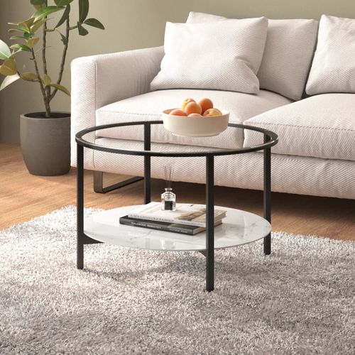 Table à Thé Noir Et Marbre Blanc 70 Cm Verre Trempé