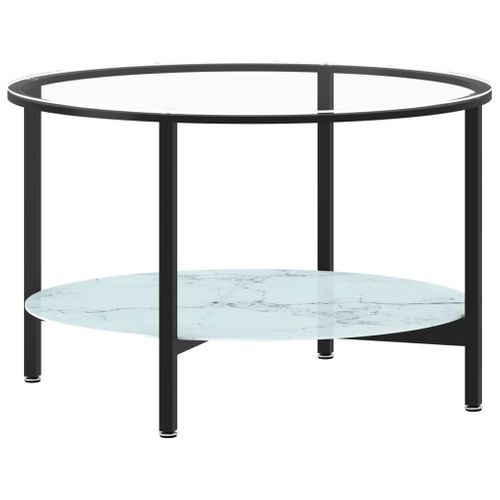 Table à Thé Noir Et Marbre Blanc 70 Cm Verre Trempé
