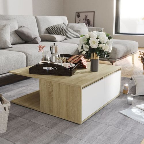 Table Basse Blanc Et Chêne Sonoma 80x80x31 Cm Aggloméré