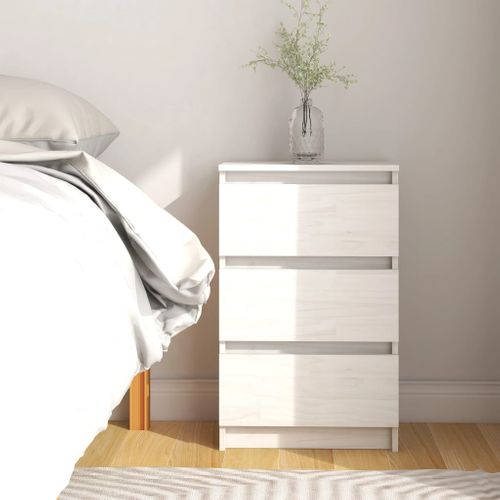 Table De Chevet Blanc 40x29,5x64 Cm Bois De Pin Solide