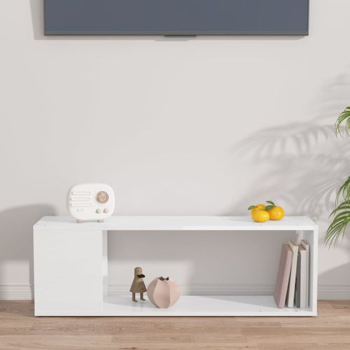 Meuble TV Blanc Brillant 100x24x32 Cm Bois Contreplaqué