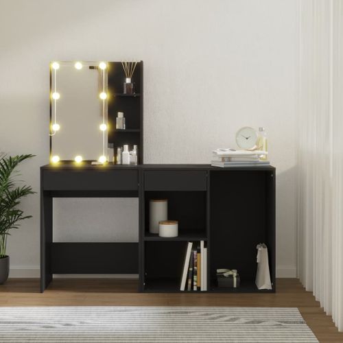 Coiffeuse à LED Avec Armoire Noir Bois Contreplaqué