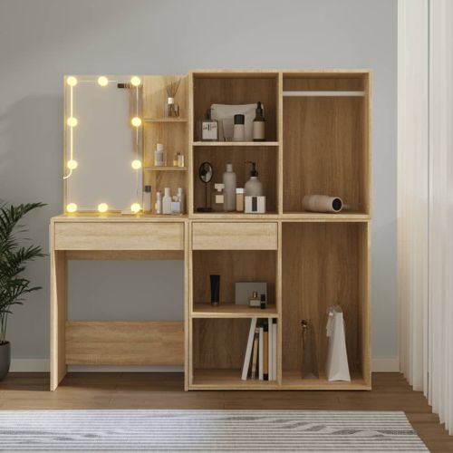 Coiffeuse à LED Avec 2 Armoires Chêne Sonoma Bois Contreplaqué