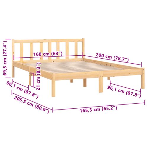 Cadre De Lit Lot 1 Bois Massif Pin Naturel 160x200 Cm Double Haut Robuste