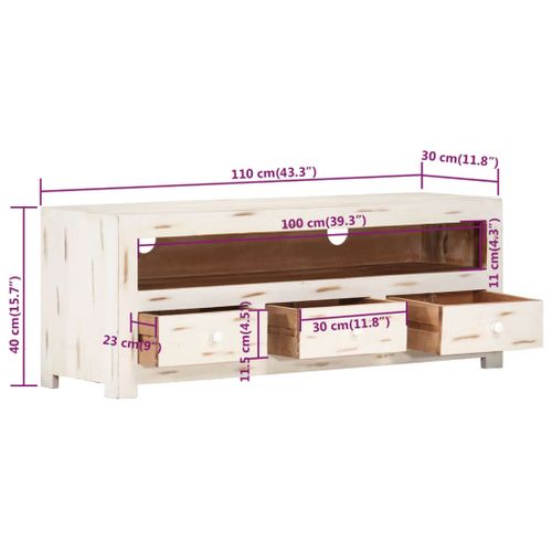 Meuble TV Bois Massif D'acacia 110x30x40 Cm Blanc