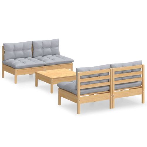 Salon De Jardin 5 Pièces Avec Coussins Gris Bois De Pin