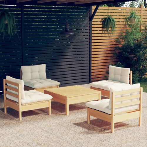 Salon De Jardin 5 PCs Avec Coussins Crème Bois De Pin