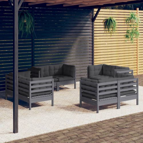 Salon De Jardin 8 Pièces Avec Coussins Anthracite Bois De Pin