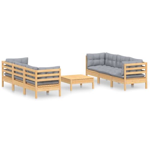 Salon De Jardin 7 Pièces Avec Coussins Gris Bois De Pin