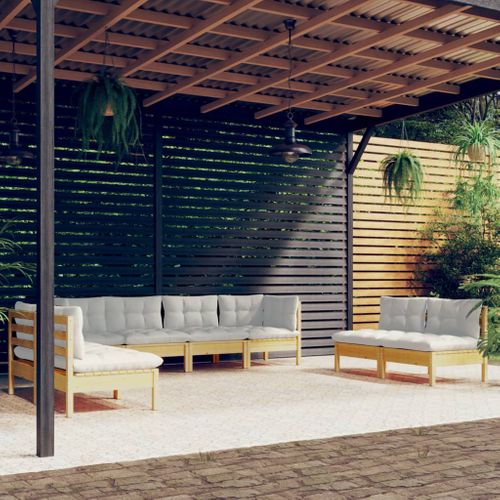 Salon De Jardin 8 PCs Avec Coussins Crème Bois De Pin Massif