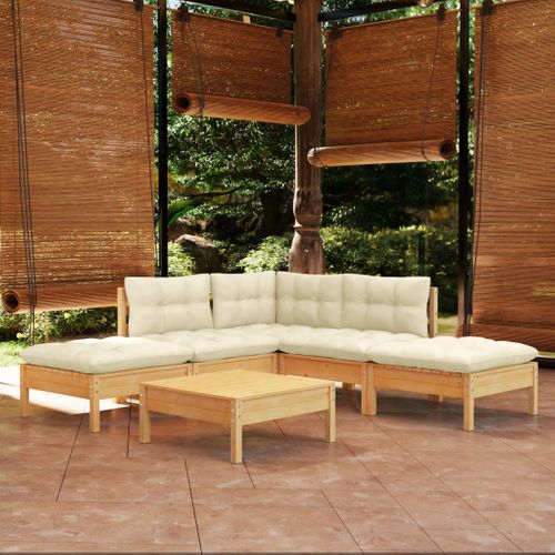 Salon De Jardin 6 Pièces Avec Coussins Crème Bois De Pin