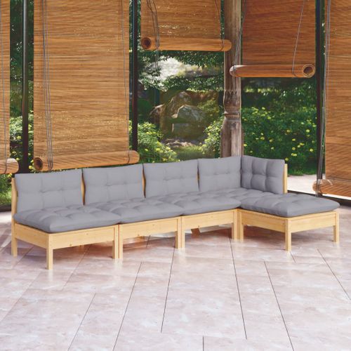 Salon De Jardin 5 Pièces Avec Coussins Gris Bois De Pin