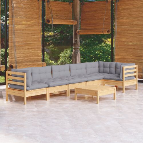 Salon De Jardin 7 Pièces Avec Coussins Gris Bois De Pin