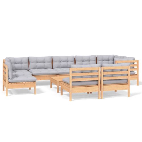 Salon De Jardin 10 Pièces Avec Coussins Gris Bois De Pin Massif