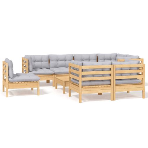 Salon De Jardin 9 Pièces Avec Coussins Gris Bois De Pin Massif
