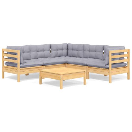 Salon De Jardin 6 Pièces Avec Coussins Gris Bois De Pin Massif