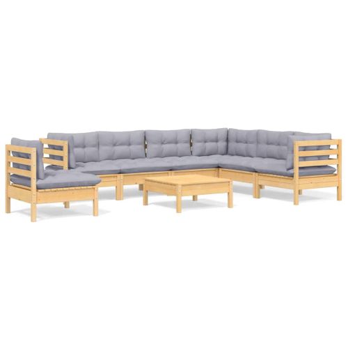 Salon De Jardin 8 Pièces Avec Coussins Gris Bois De Pin Massif