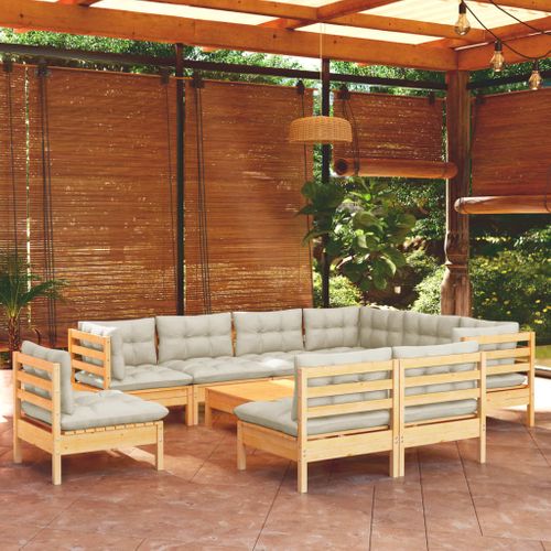 Salon De Jardin 10 Pièces Avec Coussins Crème Bois De Pin Massif