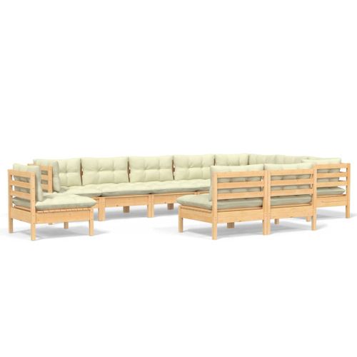Salon De Jardin 10 PCs Avec Coussins Crème Bois De Pin Solide