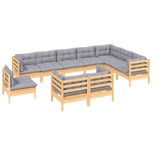 Salon De Jardin 10 Pièces Avec Coussins Gris Bois De Pin Massif