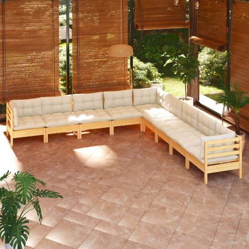 Salon De Jardin 9 PCs Avec Coussins Crème Bois De Pin Solide