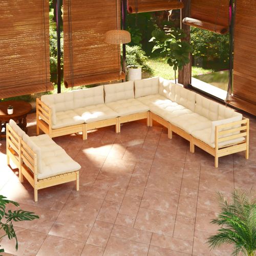 Salon De Jardin 9 PCs Avec Coussins Crème Bois De Pin Massif
