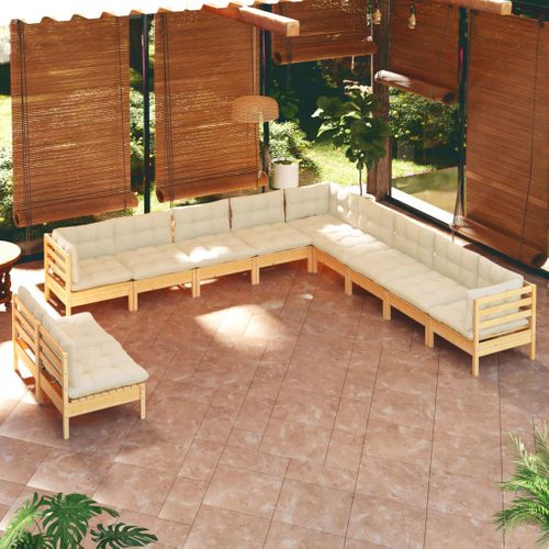 Salon De Jardin 11 PCs Avec Coussins Crème Bois De Pin Massif