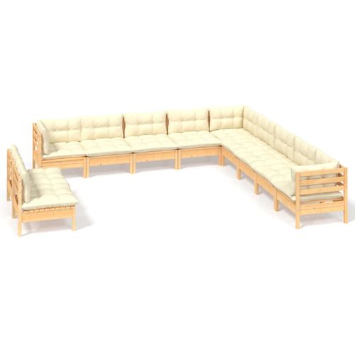 Salon De Jardin 11 PCs Avec Coussins Crème Bois De Pin Massif